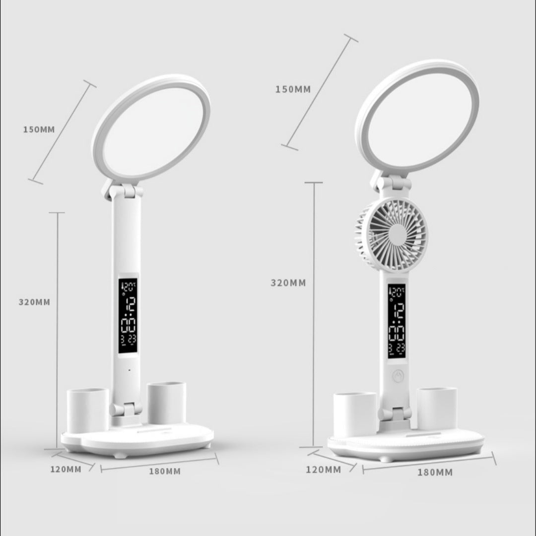 3-in-1 LED Desk Lamp – Clock, Fan & Night Light | Foldable, USB Rechargeable