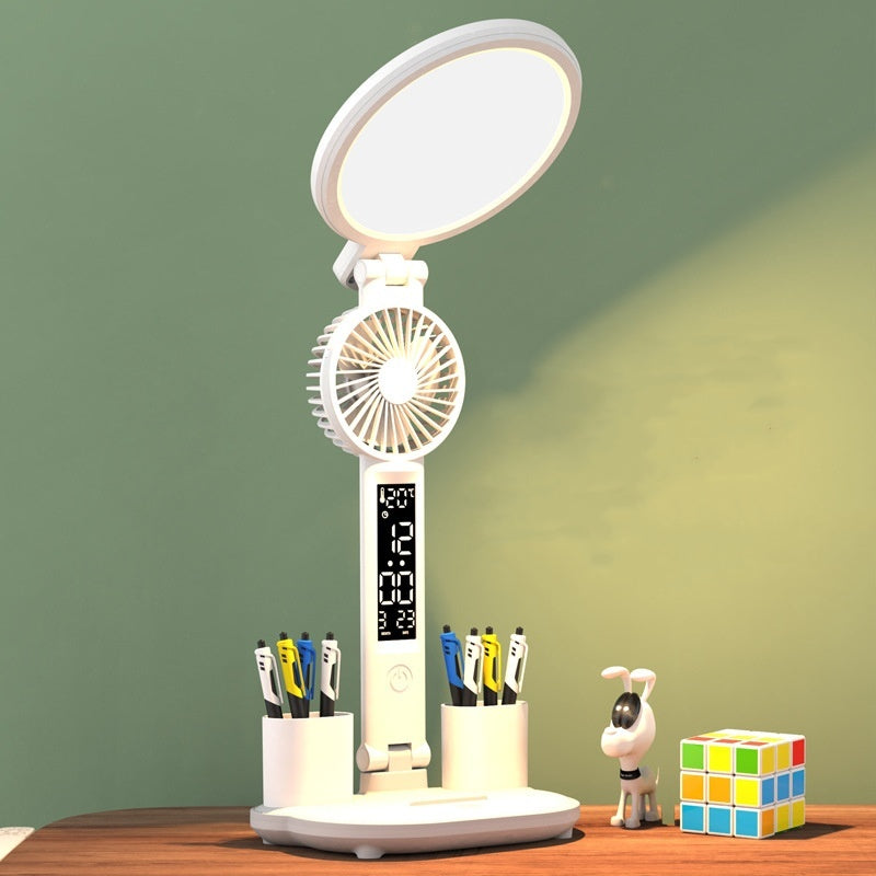 3-in-1 LED Desk Lamp – Clock, Fan & Night Light | Foldable, USB Rechargeable