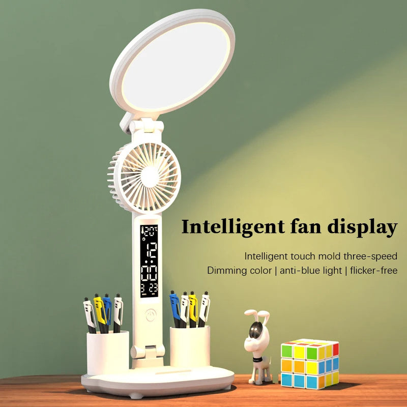 3-in-1 LED Desk Lamp – Clock, Fan & Night Light | Foldable, USB Rechargeable