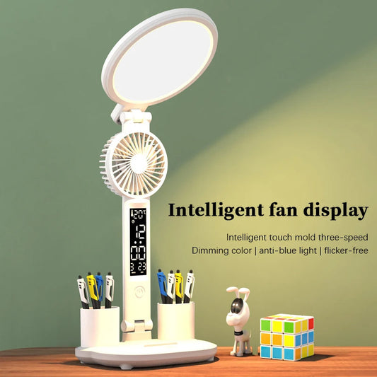 3-in-1 LED Desk Lamp – Clock, Fan & Night Light | Foldable, USB Rechargeable