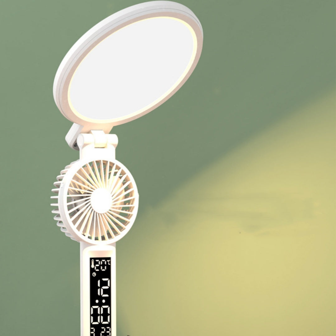 3-in-1 LED Desk Lamp – Clock, Fan & Night Light | Foldable, USB Rechargeable